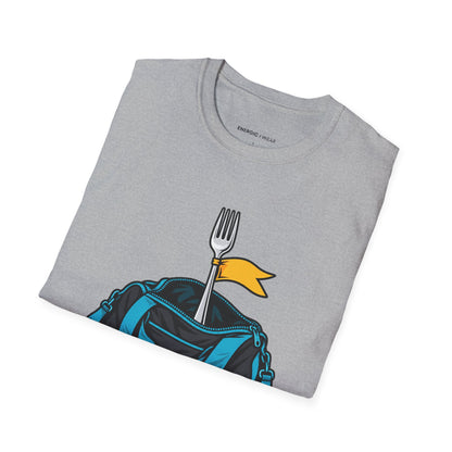 Graphic fitness T-shirt featuring the "Training Plan Bring a Fork" design.
