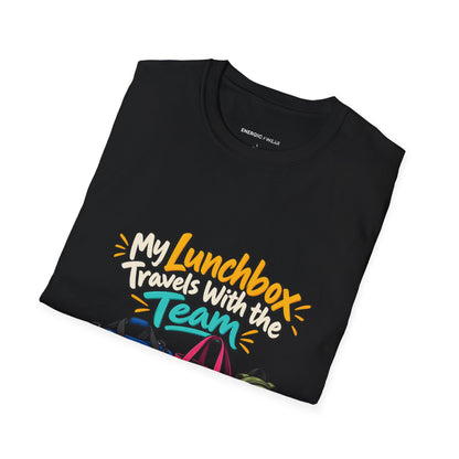 Graphic fitness T-shirt featuring the "My Lunchbox Travels With the Team" design.