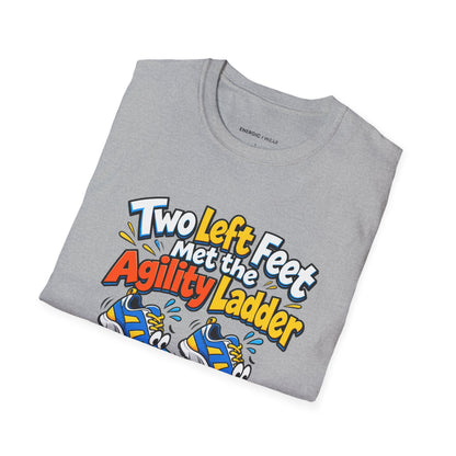 Graphic fitness T-shirt featuring the "Two Left Feet Met the Agility Ladder" design.