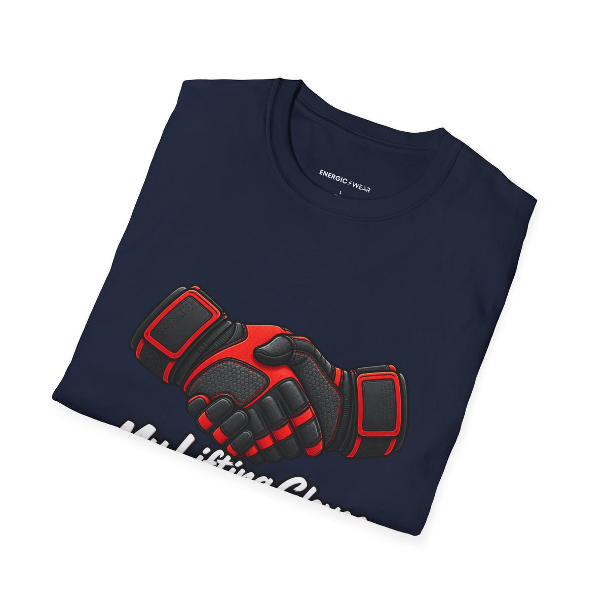Graphic fitness T-shirt featuring the "My Lifting Gloves Have a Firm Handshake" design.