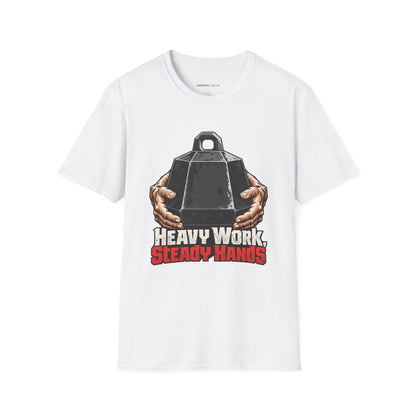Graphic fitness T-shirt featuring the "Heavy Work, Steady Hands" design.