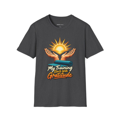 Graphic fitness T-shirt featuring the "My Training Starts with Gratitude" design.