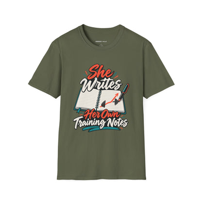 Graphic fitness T-shirt featuring the "She Writes Her Own Training Notes" design.