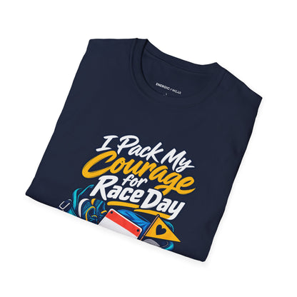 Graphic fitness T-shirt featuring the "I Pack My Courage for Race Day" design.