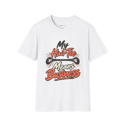 Graphic fitness T-shirt featuring the "My Hair Tie Means Business" design.