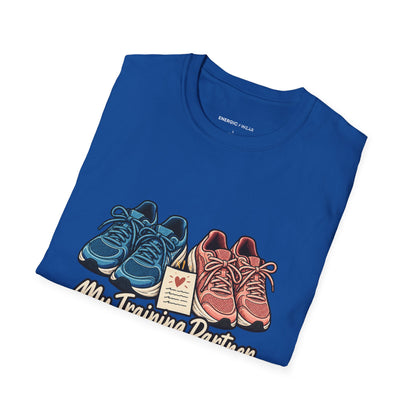 Graphic fitness T-shirt featuring the "My Training Partner Gets a Prayer Too" design.