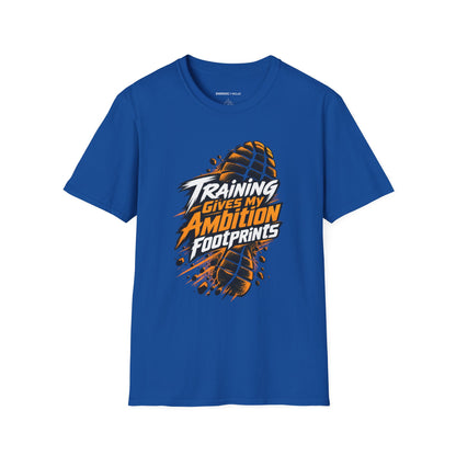 Graphic fitness T-shirt featuring the "Training Gives My Ambition Footprints" design.