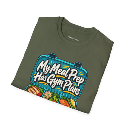 Graphic fitness T-shirt featuring the "My Meal Prep Has Gym Plans" design.