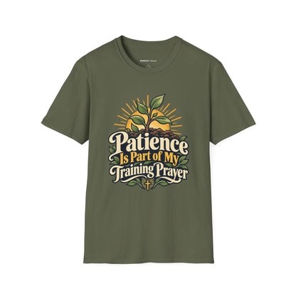 Graphic fitness T-shirt featuring the "Patience Is Part of My Training Prayer" design.