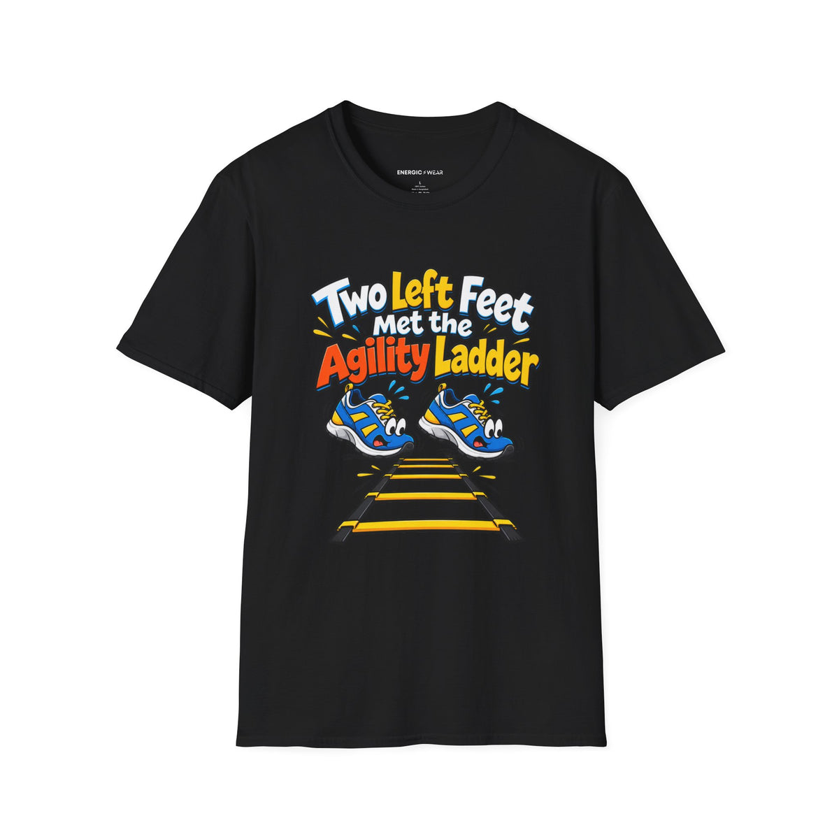 Graphic fitness T-shirt featuring the "Two Left Feet Met the Agility Ladder" design.