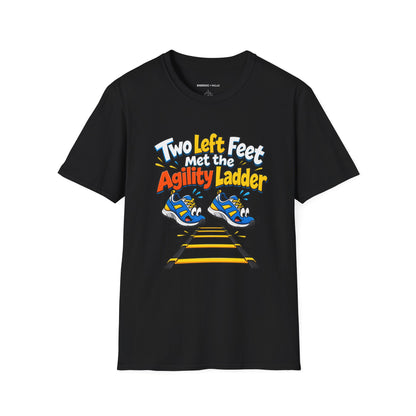 Graphic fitness T-shirt featuring the "Two Left Feet Met the Agility Ladder" design.
