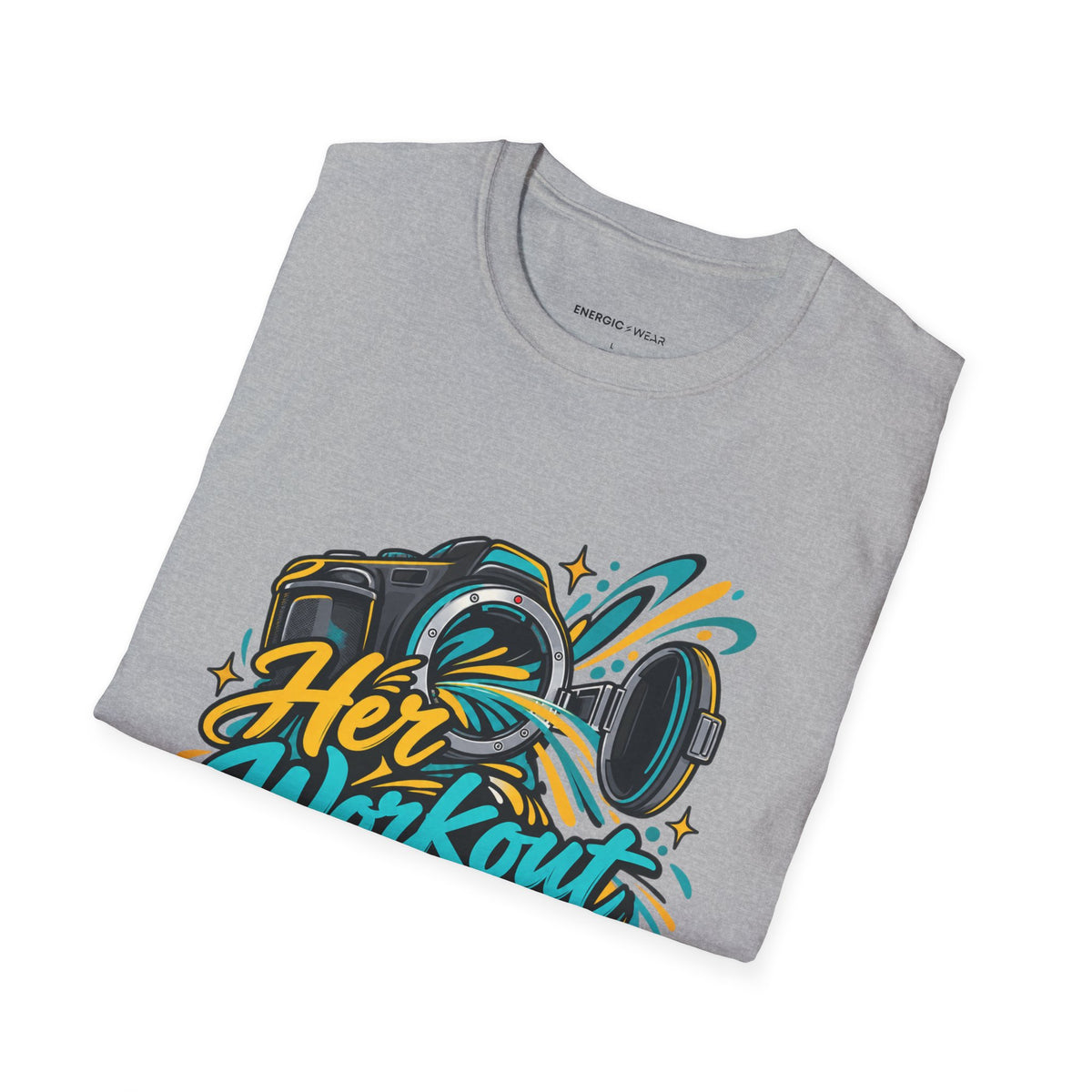Graphic fitness T-shirt featuring the "Her Workout Doesn't Need a Before Photo" design.