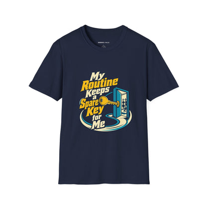 Graphic fitness T-shirt featuring the "My Routine Keeps a Spare Key for Me" design.
