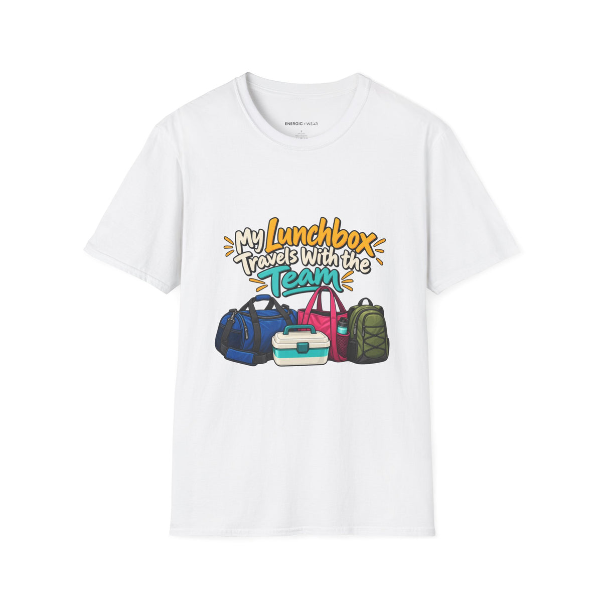 Graphic fitness T-shirt featuring the "My Lunchbox Travels With the Team" design.
