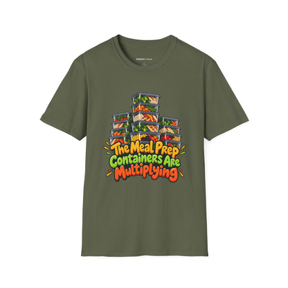 Graphic fitness T-shirt featuring the "The Meal Prep Containers Are Multiplying" design.