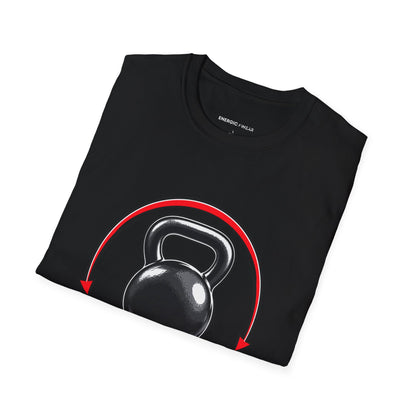 Graphic fitness T-shirt featuring the "Control the Swing Own the Bell" design.