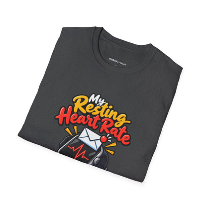 Graphic fitness T-shirt featuring the "My Resting Heart Rate Has a Work Email" design.