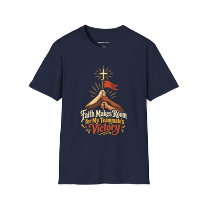 Graphic fitness T-shirt featuring the "Faith Makes Room for My Teammate S Victory" design.