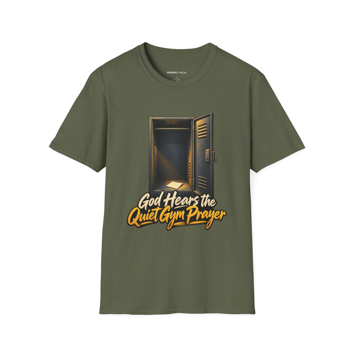 Graphic fitness T-shirt featuring the "God Hears the Quiet Gym Prayer" design.