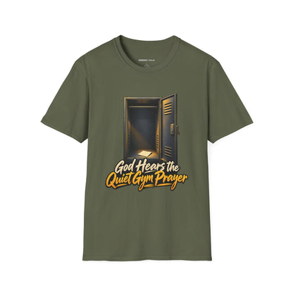 Graphic fitness T-shirt featuring the "God Hears the Quiet Gym Prayer" design.