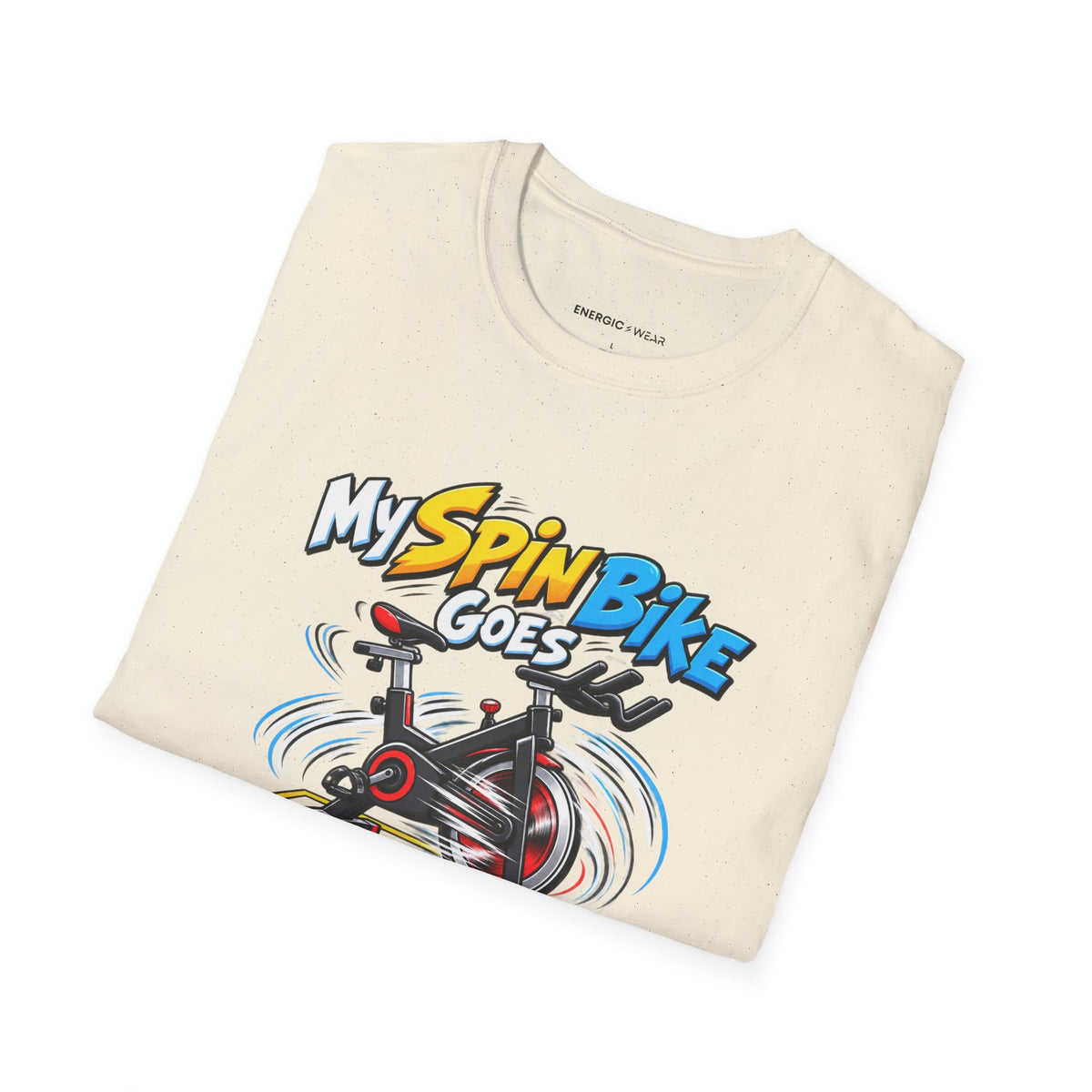 Graphic fitness T-shirt featuring the "My Spin Bike Goes Nowhere with Great Enthusiasm" design.