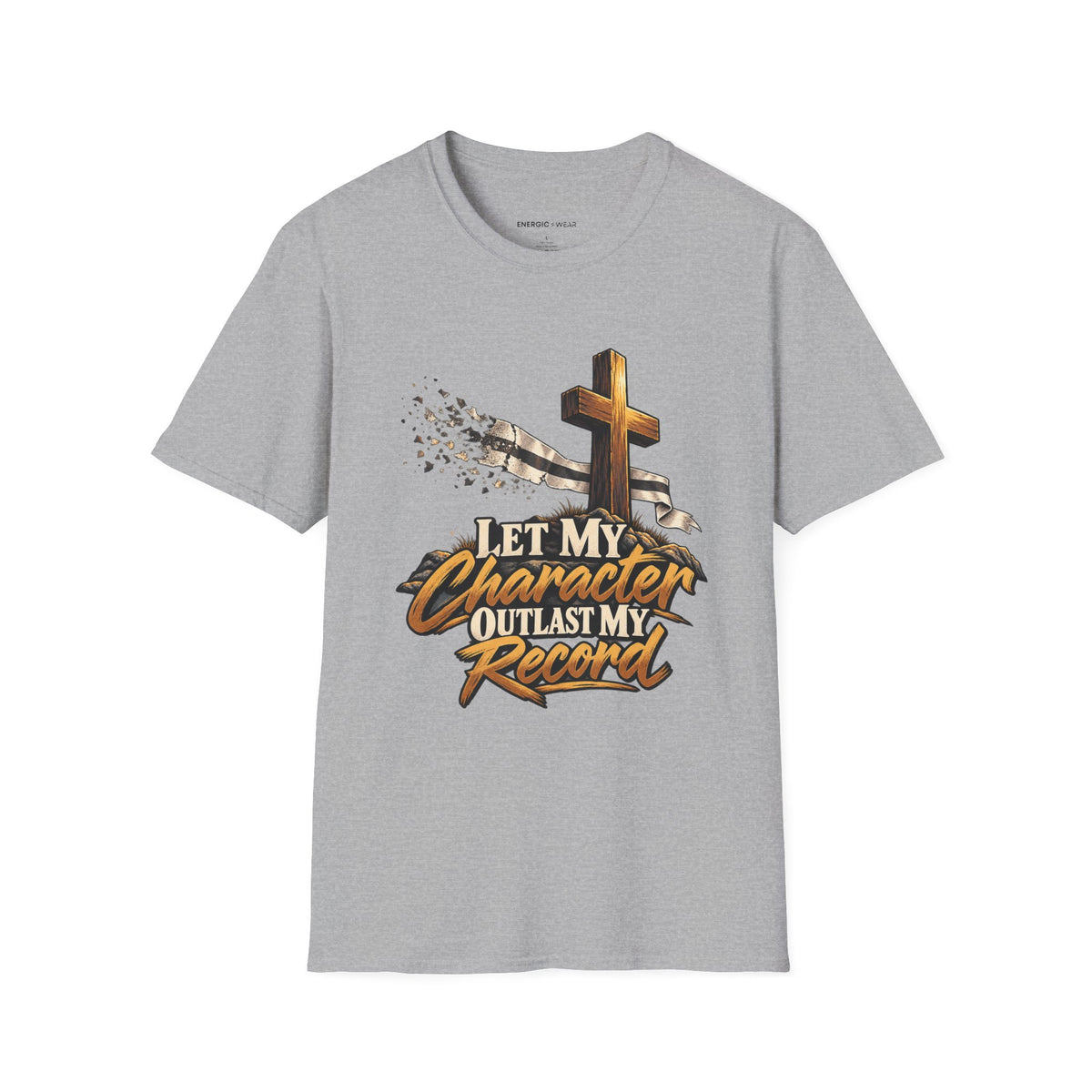 Graphic fitness T-shirt featuring the "Let My Character Outlast My Record" design.