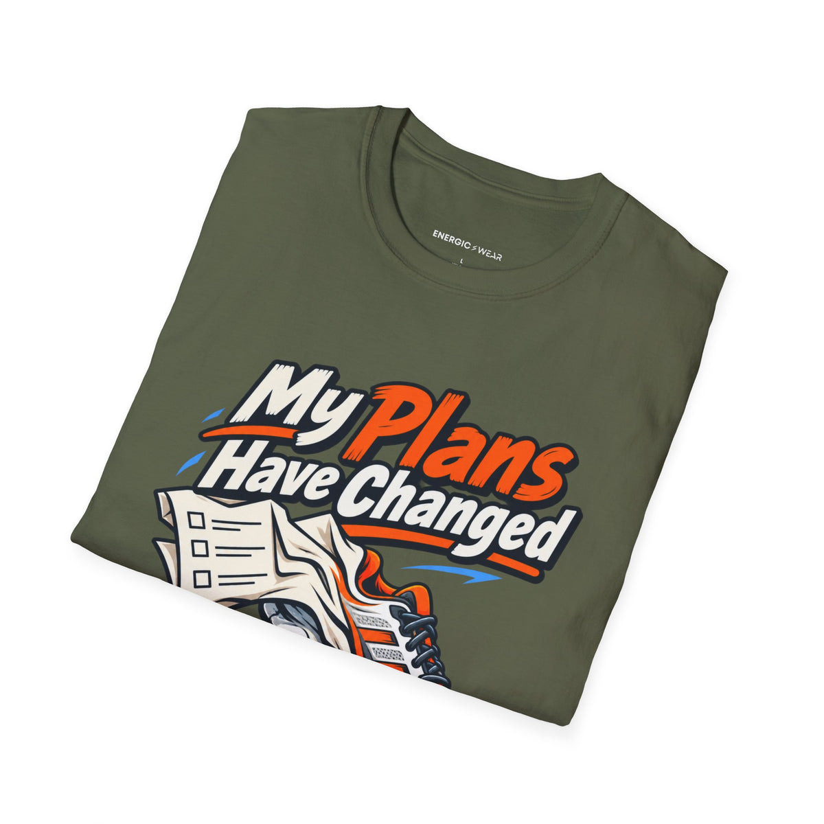 Graphic fitness T-shirt featuring the "My Plans Have Changed Into Training Shoes" design.