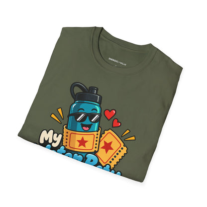 Graphic fitness T-shirt featuring the "My Water Bottle Is My Plus-One" design.