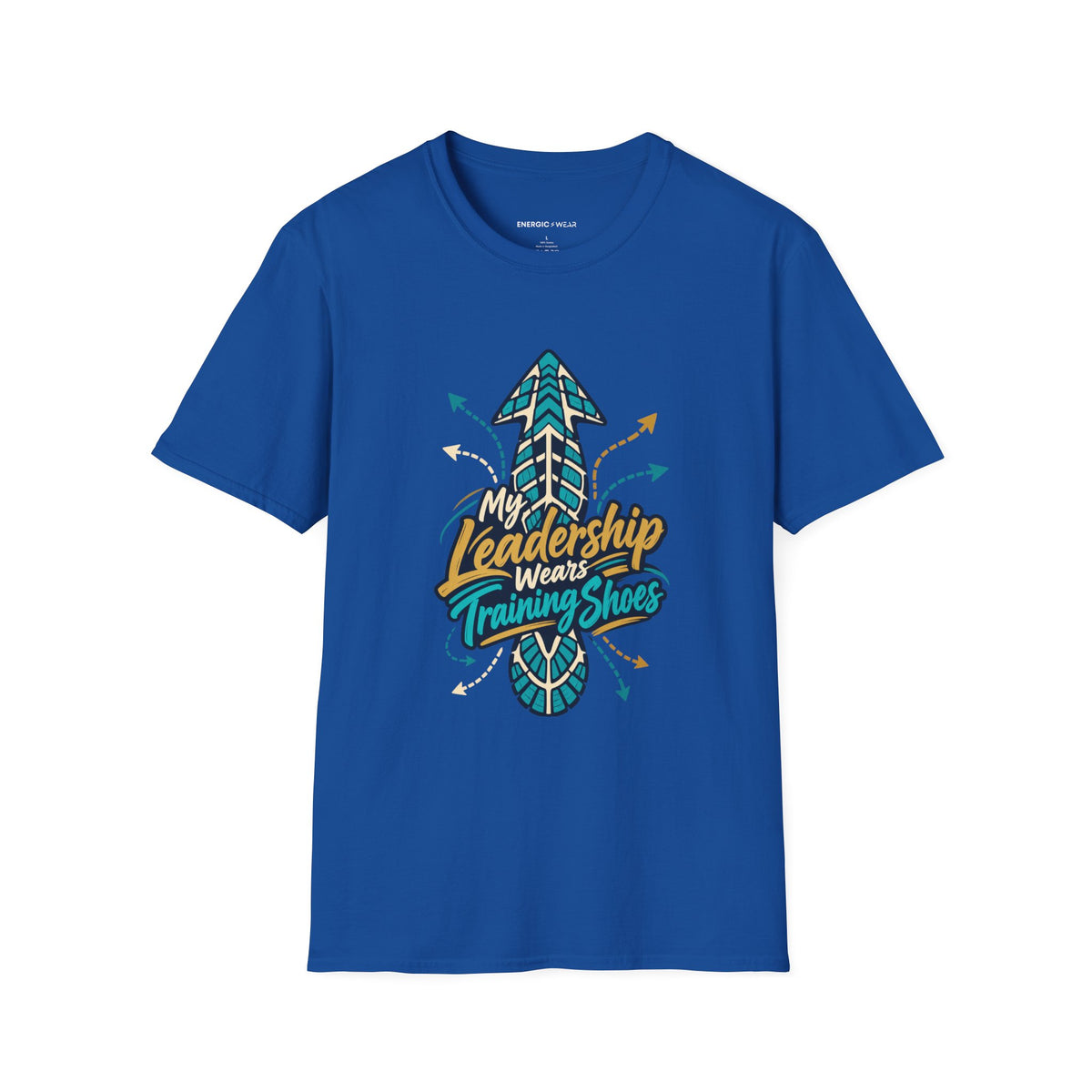 Graphic fitness T-shirt featuring the "My Leadership Wears Training Shoes" design.