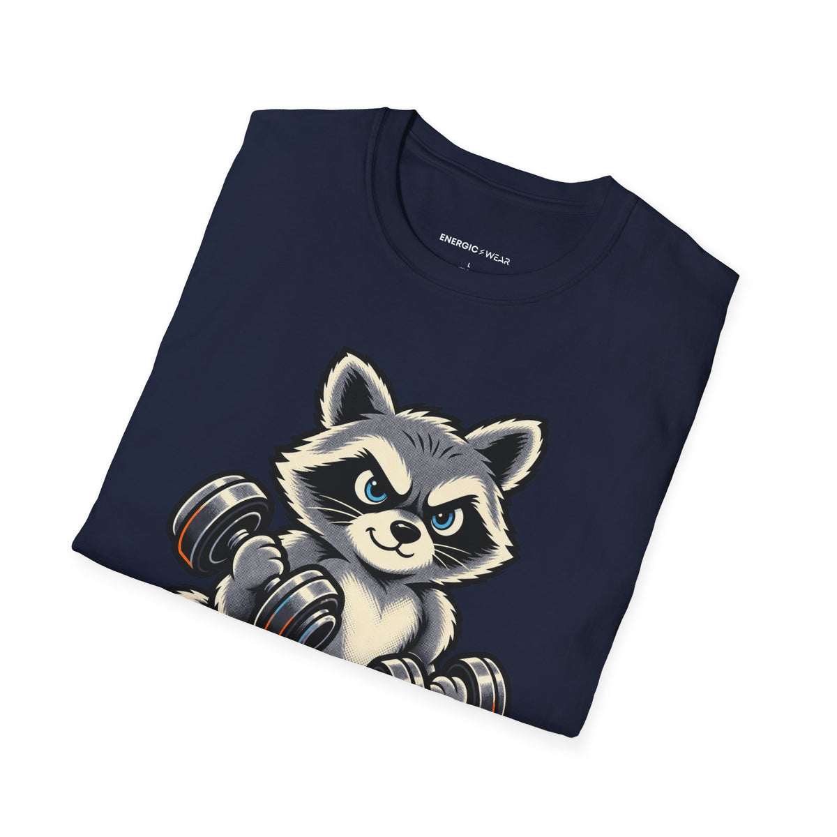 Graphic fitness T-shirt featuring the "Muscular Raccoon" design.