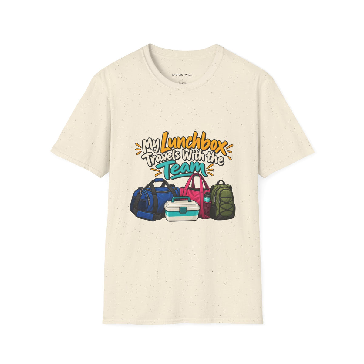 Graphic fitness T-shirt featuring the "My Lunchbox Travels With the Team" design.