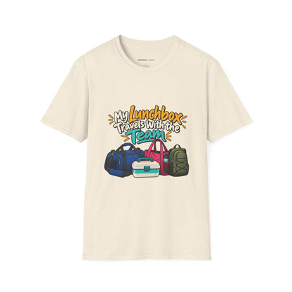 Graphic fitness T-shirt featuring the "My Lunchbox Travels With the Team" design.