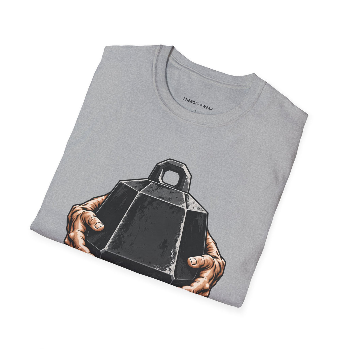 Graphic fitness T-shirt featuring the "Heavy Work, Steady Hands" design.