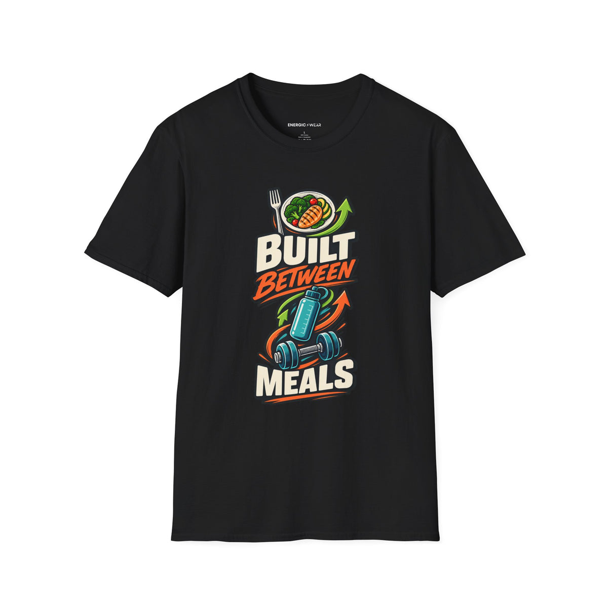Graphic fitness T-shirt featuring the "Built Between Meals" design.
