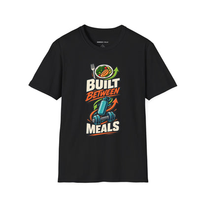 Graphic fitness T-shirt featuring the "Built Between Meals" design.
