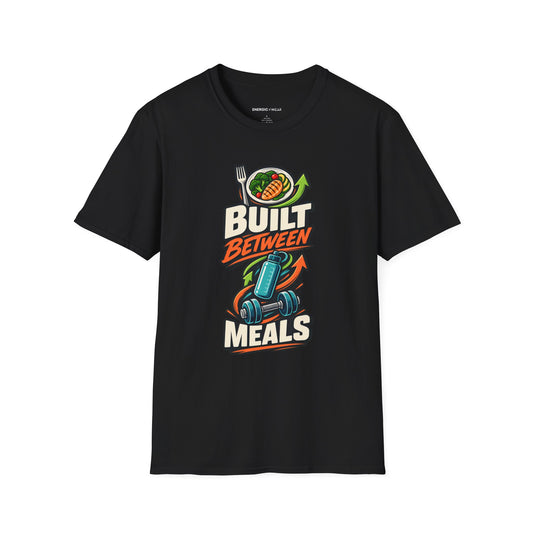 Graphic fitness T-shirt featuring the "Built Between Meals" design.