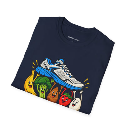 Graphic fitness T-shirt featuring the "Fueling This Workout Is a Group Project" design.