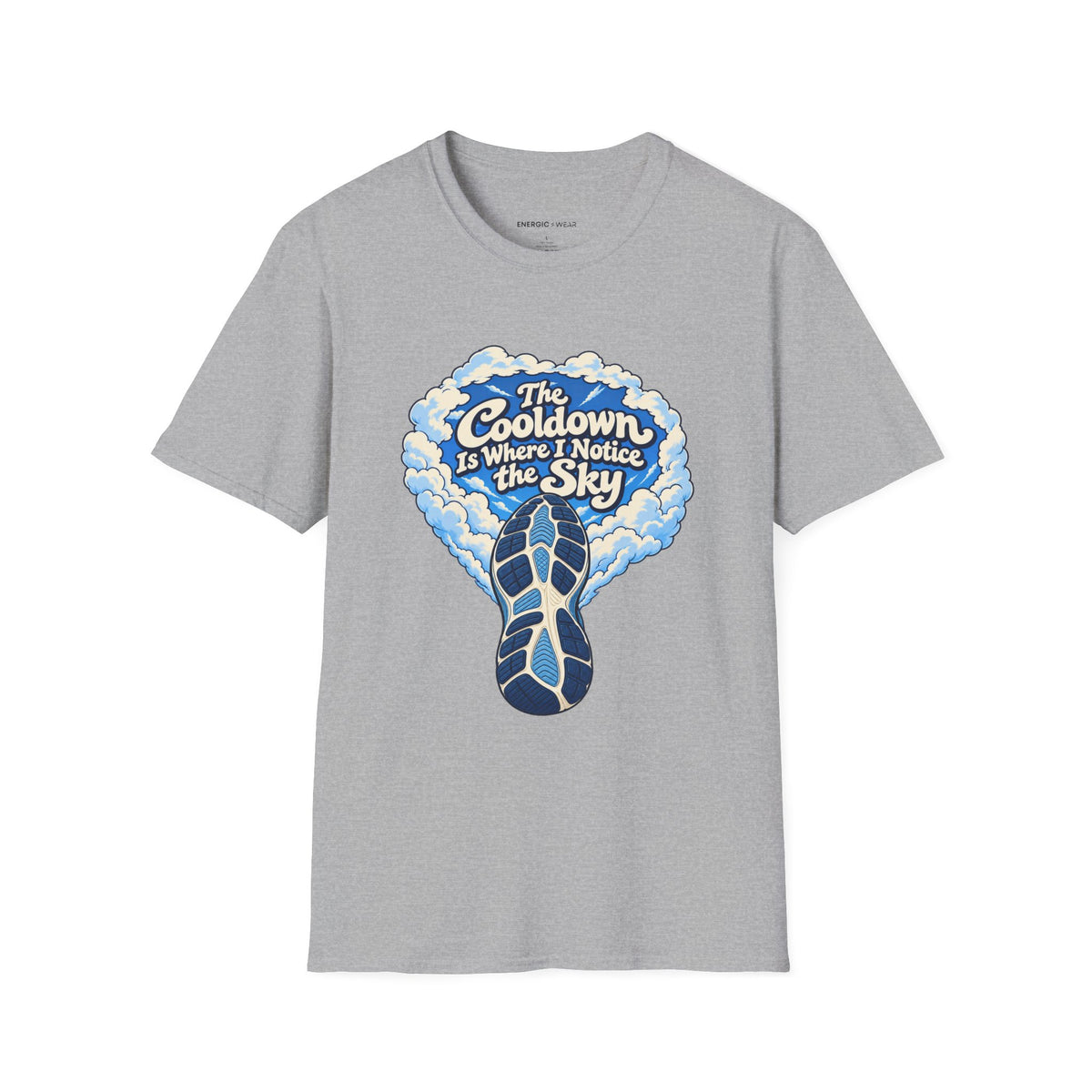 Graphic fitness T-shirt featuring the "The Cooldown Is Where I Notice the Sky" design.
