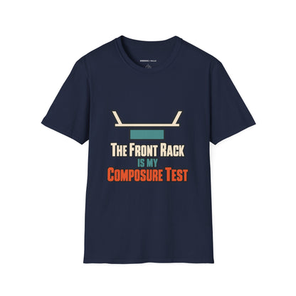 Graphic fitness T-shirt featuring the "The Front Rack Is My Composure Test" design.