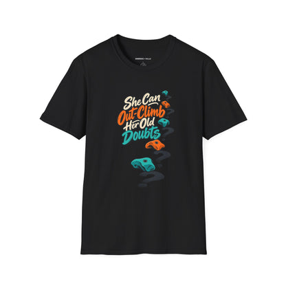 Graphic fitness T-shirt featuring the "She Can Out-Climb Her Old Doubts" design.