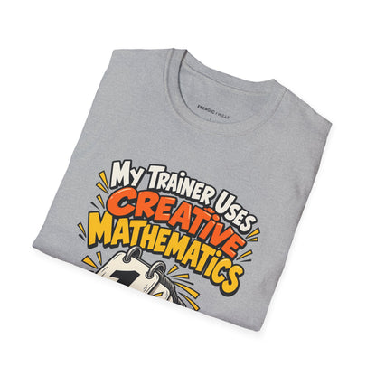 Graphic fitness T-shirt featuring the "My Trainer Uses Creative Mathematics" design.