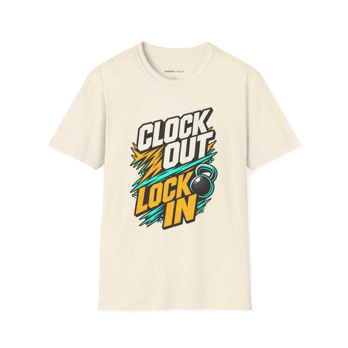 Graphic fitness T-shirt featuring the "Clock Out, Lock In" design.