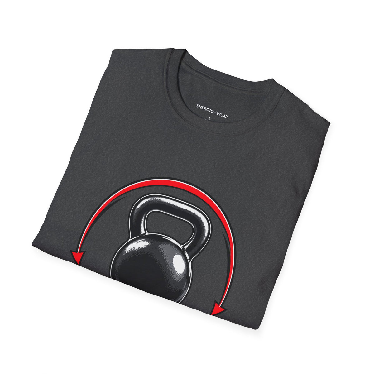 Graphic fitness T-shirt featuring the "Control the Swing Own the Bell" design.