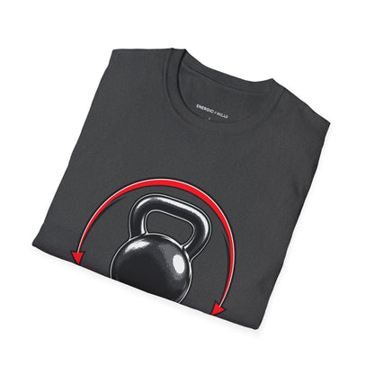 Graphic fitness T-shirt featuring the "Control the Swing Own the Bell" design.