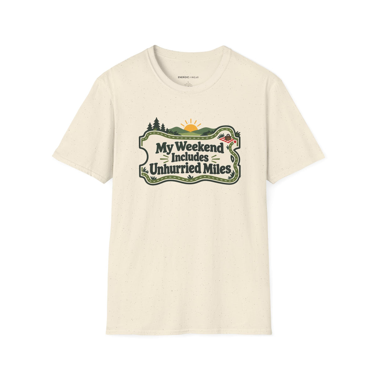 Graphic fitness T-shirt featuring the "My Weekend Includes Unhurried Miles" design.
