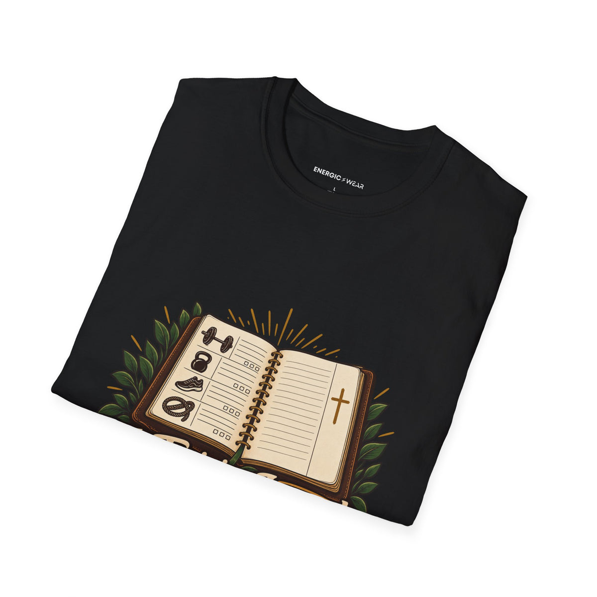 Graphic fitness T-shirt featuring the "My Training Journal Leaves Room for Prayer" design.