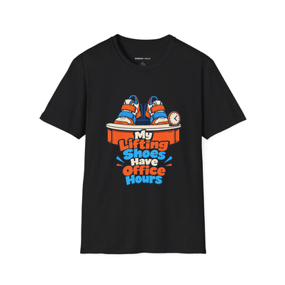 Graphic fitness T-shirt featuring the "My Lifting Shoes Have Office Hours" design.