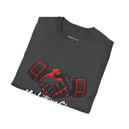 Graphic fitness T-shirt featuring the "My Lifting Gloves Have a Firm Handshake" design.