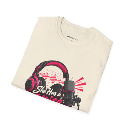 Graphic fitness T-shirt featuring the "She Has a Voice Behind the Microphone" design.