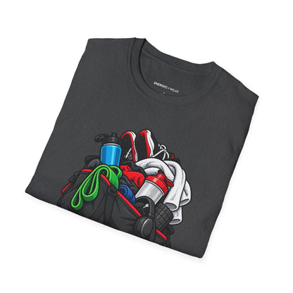 Graphic fitness T-shirt featuring the "I Need a Spotter for My Gym Bag" design.